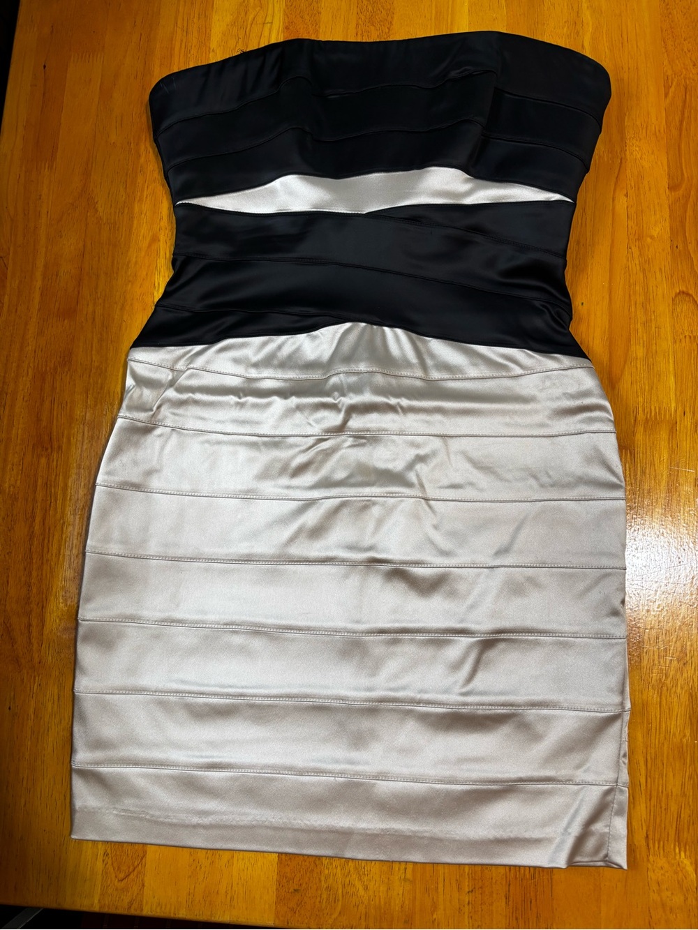 bebe Strapless Black and Silver Colorblock Bandage Dress